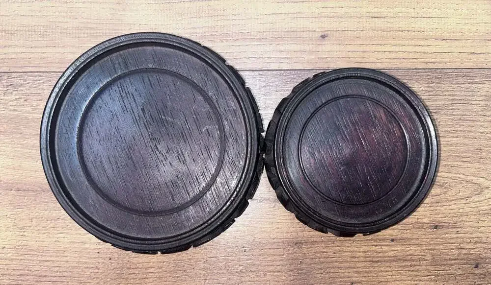 Vintage Chinese Carved Ebonized Wood Round Display Stand Pedestal Set